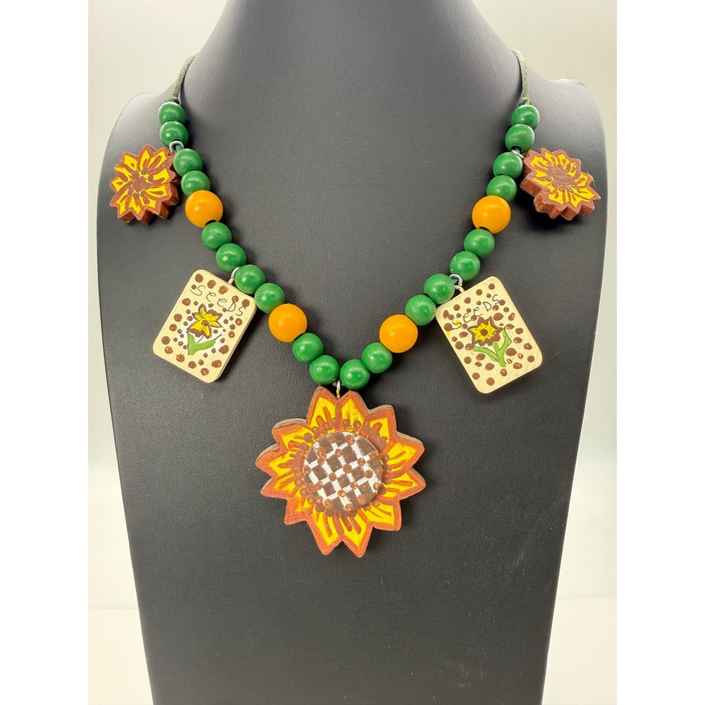 Hand Painted Wood Sunflower Seed Packet Beaded Necklace Garden Folk Art Boho